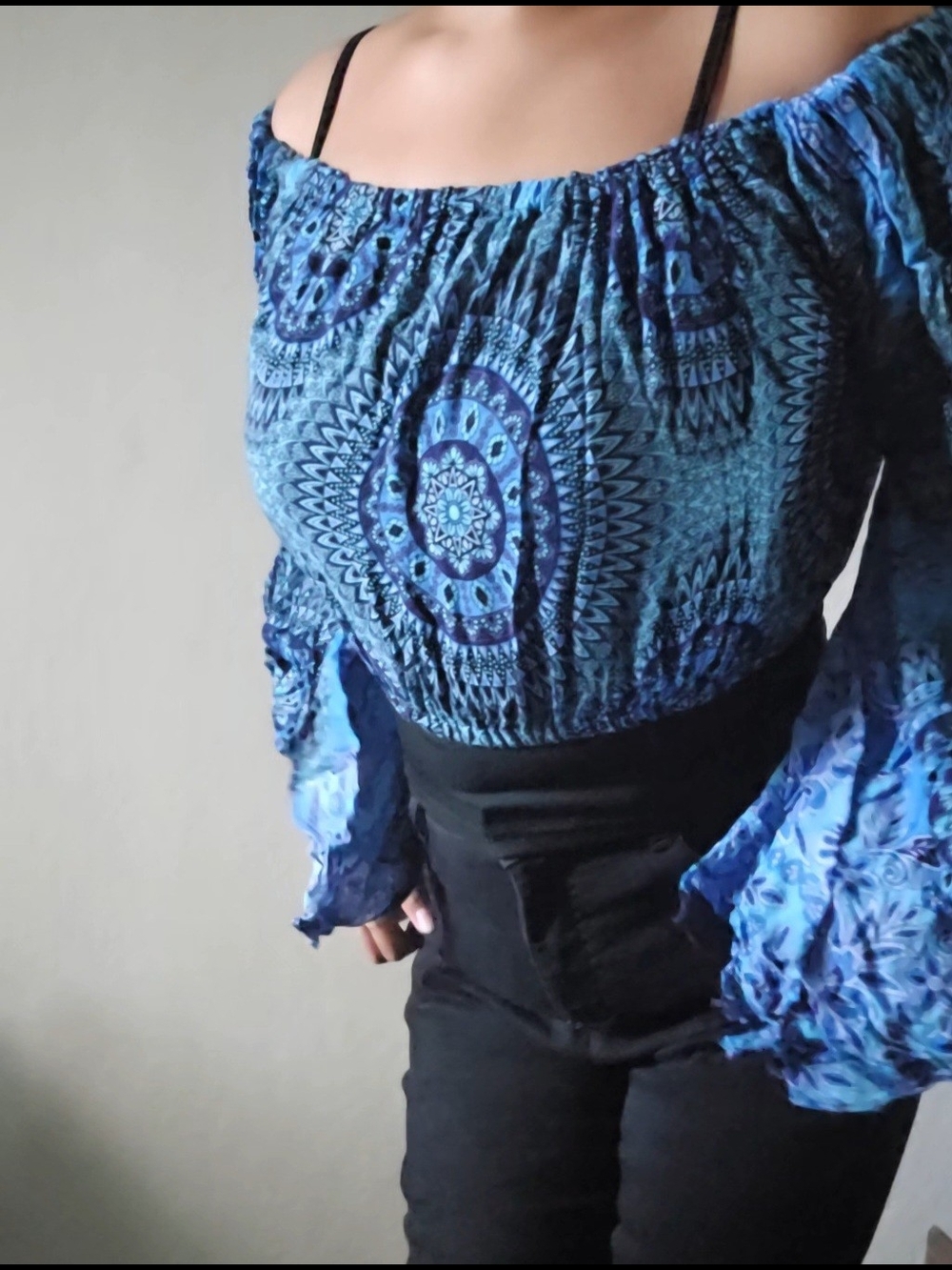 Blue Off-Shoulder Printed Cropped Bell Sleeve Top